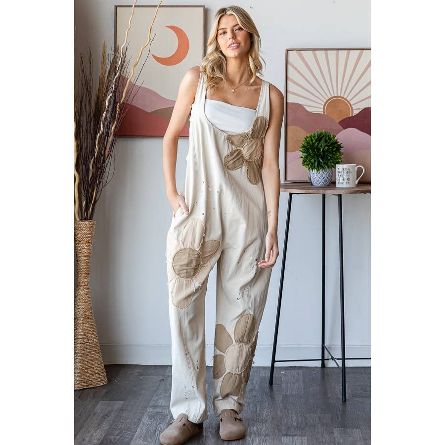 WASHED BIG FLOWER PATCHWORK OVERALL