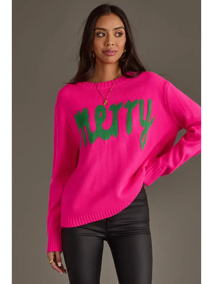 CL-SW-1278 Bright Pink & Green Merry Sweater