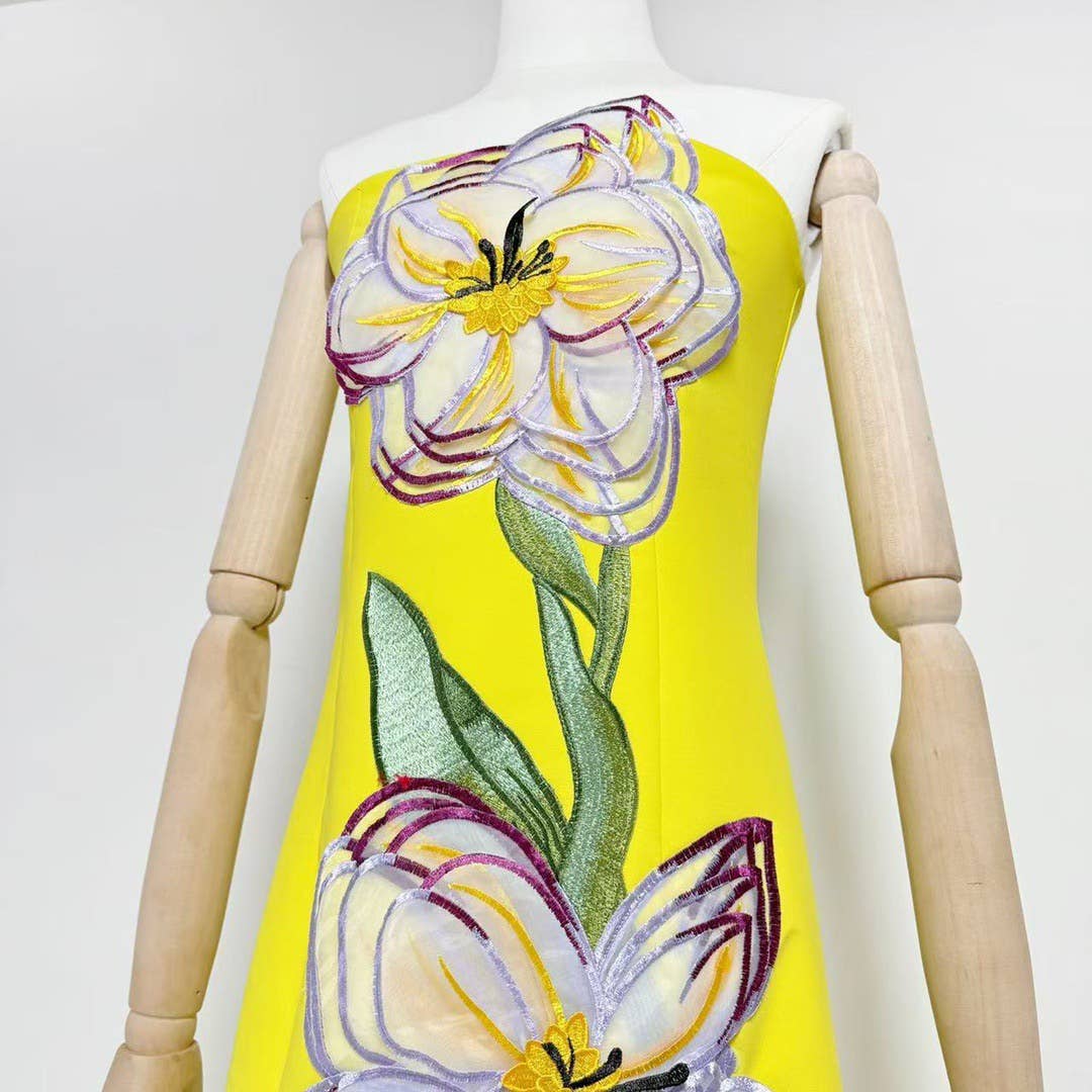 47Y Yellow Retro Tube Top Dress with 3D Floral Embroidery