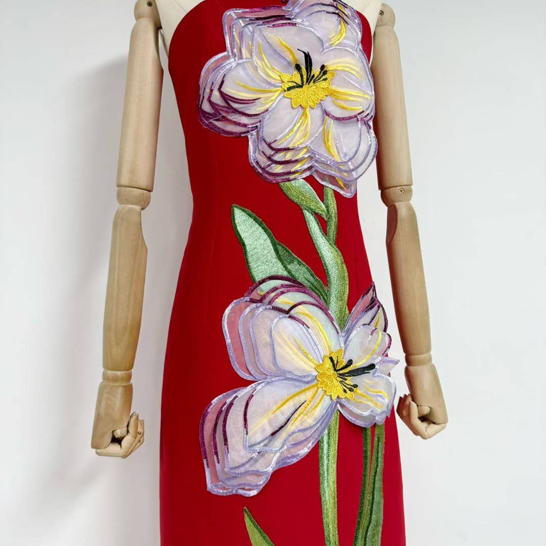47Y Yellow Retro Tube Top Dress with 3D Floral Embroidery
