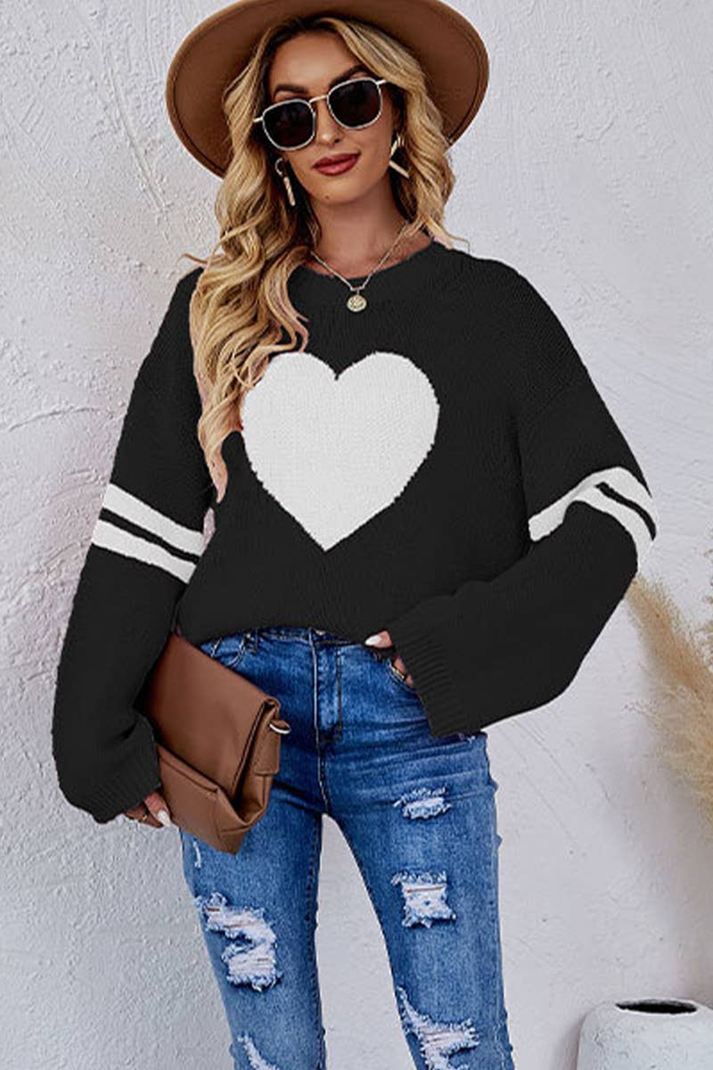 Valentine's Day color match heart peach crew-neck sweater