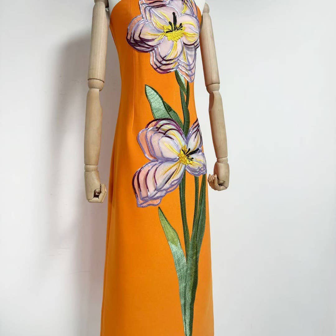 47Y Yellow Retro Tube Top Dress with 3D Floral Embroidery