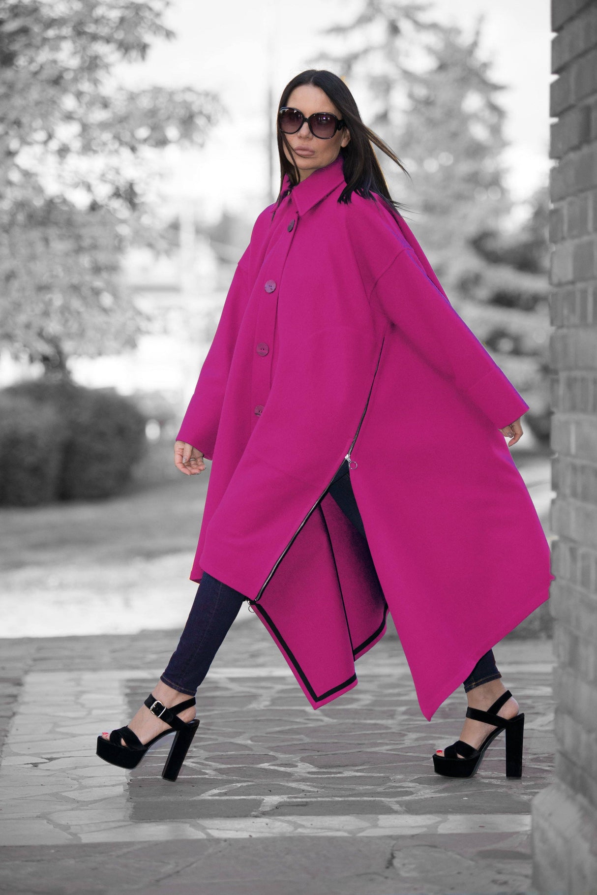 Hot Pink Women Loose Winter Coat Federica