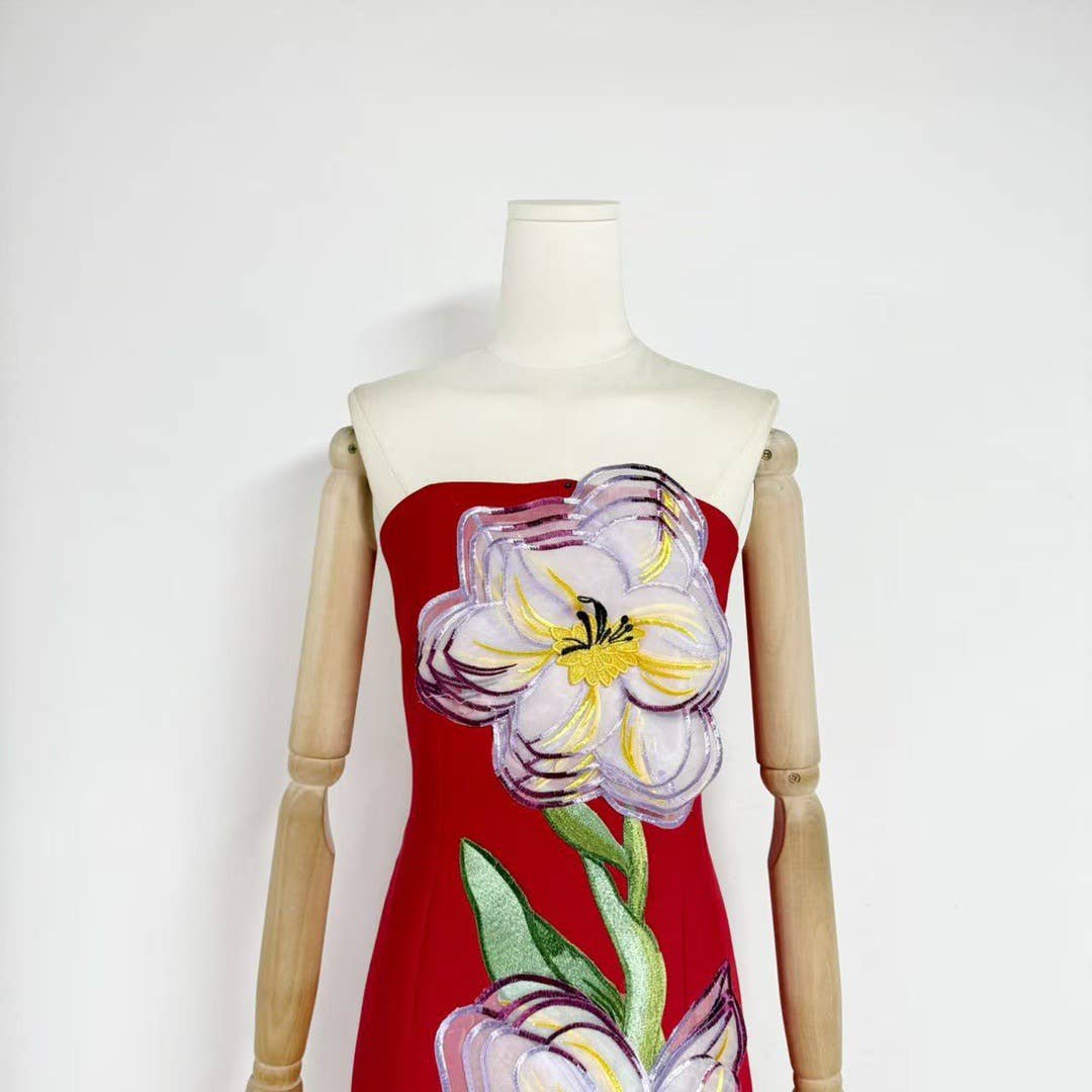 47Y Yellow Retro Tube Top Dress with 3D Floral Embroidery