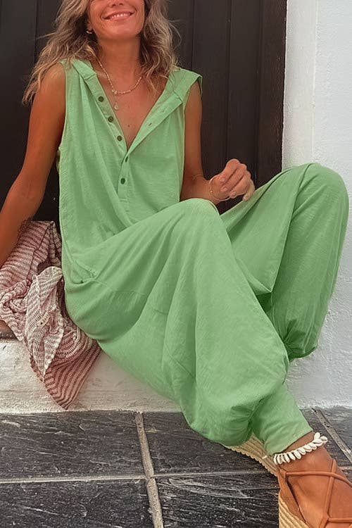 Button Down Hooded  Jumpsuit