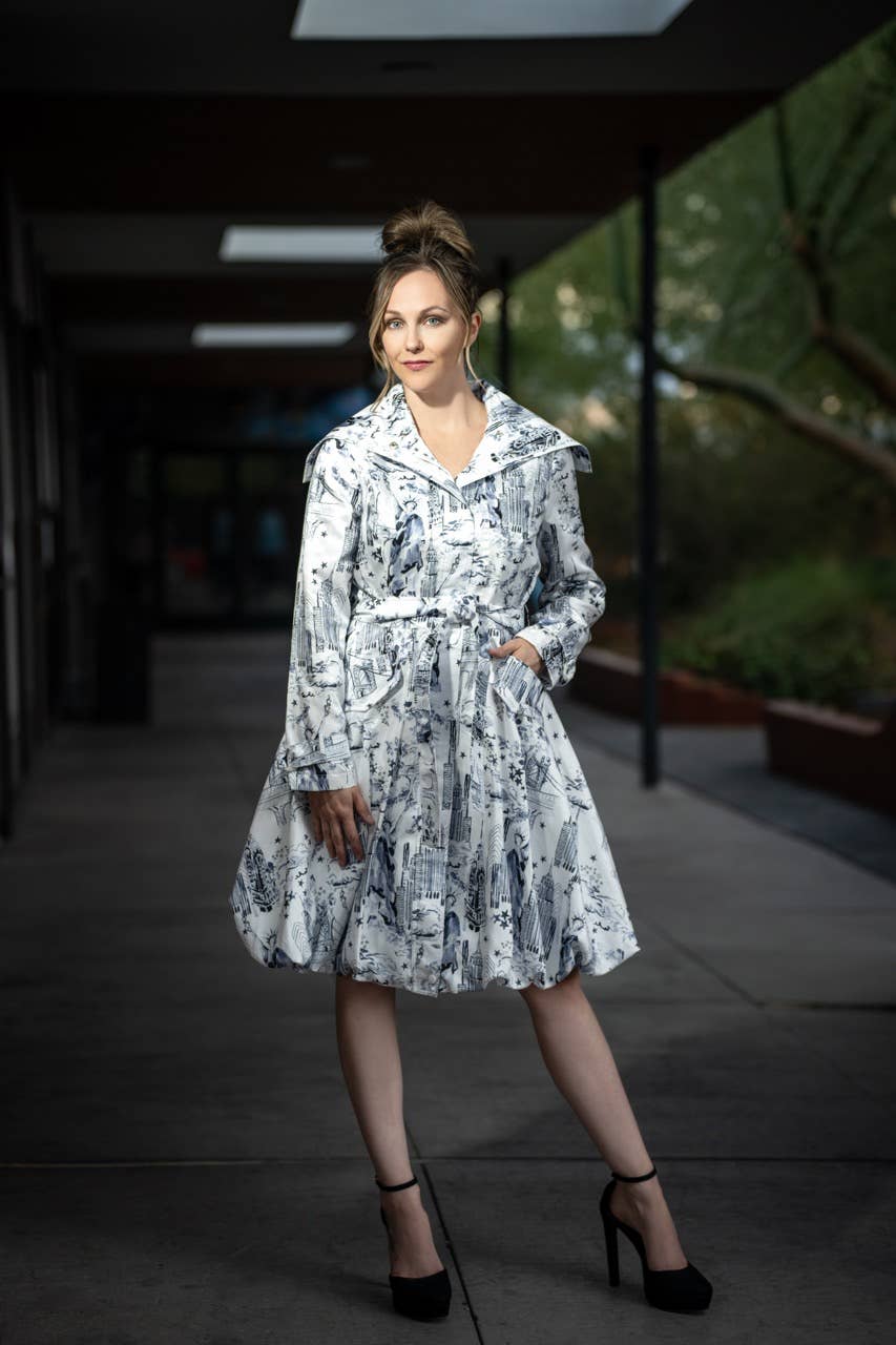 Printed Dupioni Bubble Coat Dress Fully Lined Zipper - 11665