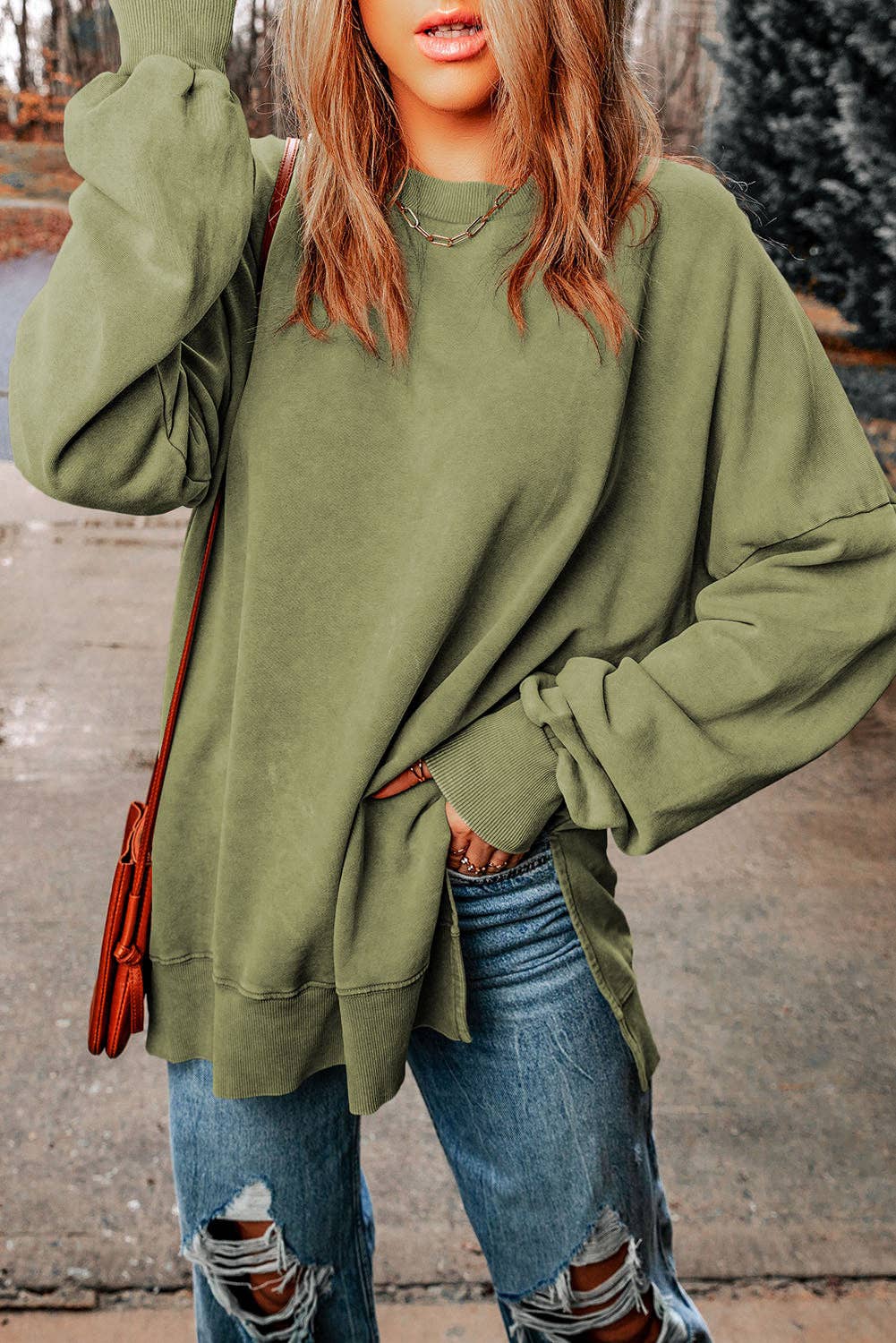 Green Drop Shoulder Ribbed Trim Oversized Sweatshirt: Green / L / 75%Polyester+25%Cotton