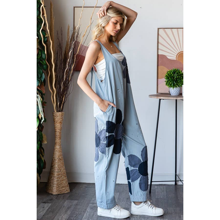 WASHED BIG FLOWER PATCHWORK OVERALL
