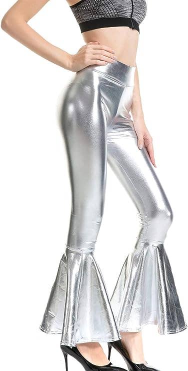 BLACK FAUX LEATHER LEGGINGS FLARING BELL BOTTOMS