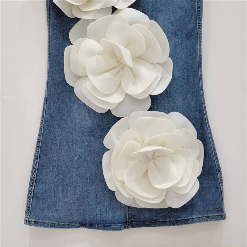 SK061Y High Waist  Denim Skirt with 3D Pink Flower Accents
