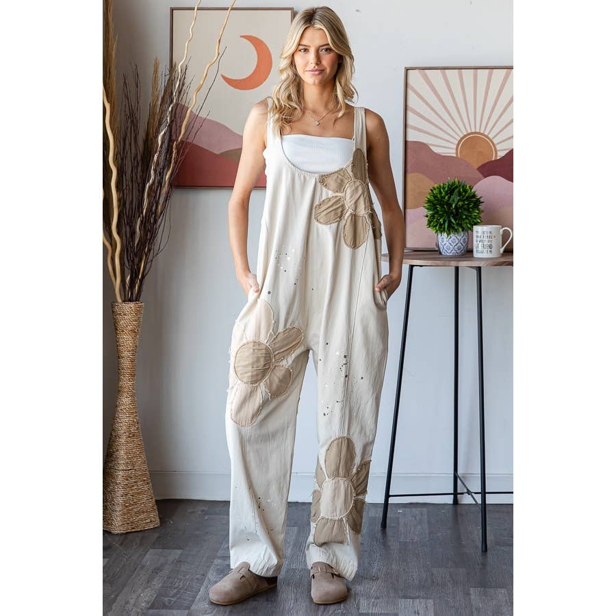 WASHED BIG FLOWER PATCHWORK OVERALL