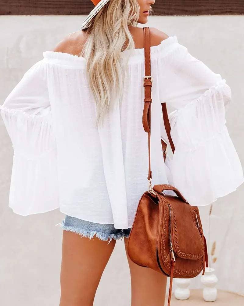 Frill hem off shoulder bell sleeve top