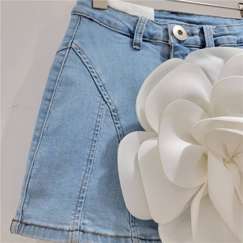 SK057Y Spring and Summer 3D Large Flower Denim Short Skirt