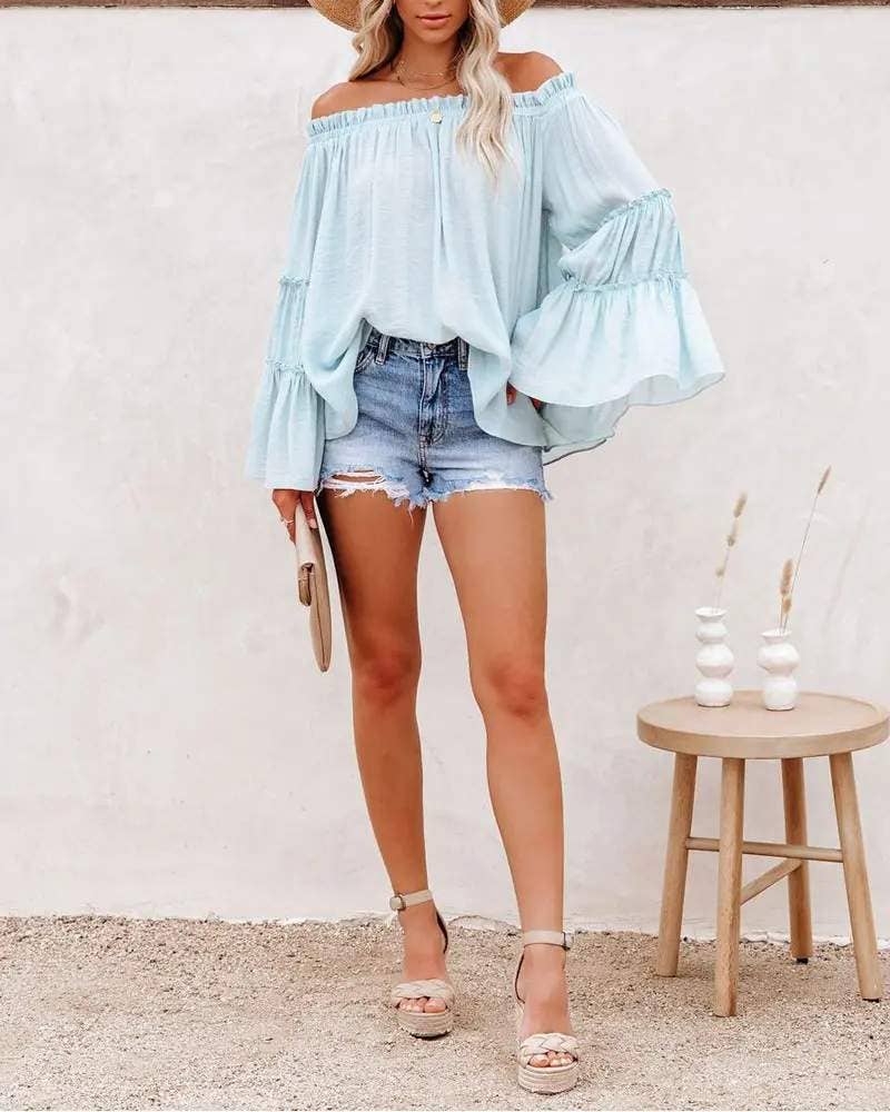 Frill hem off shoulder bell sleeve top
