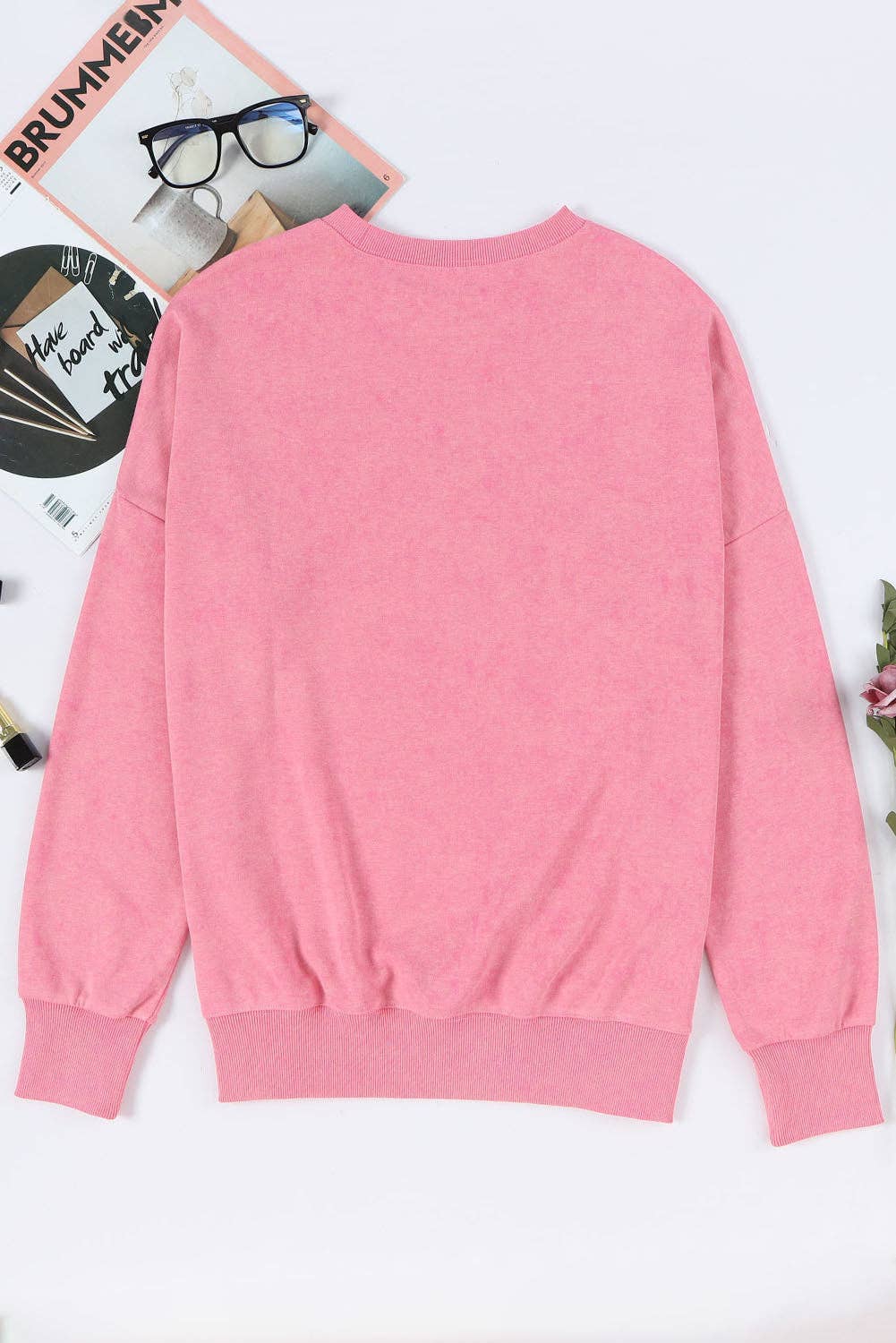 Pink Drop Shoulder Ribbed Trim Oversized Sweatshirt: Pink / M / 75%Polyester+25%Cotton