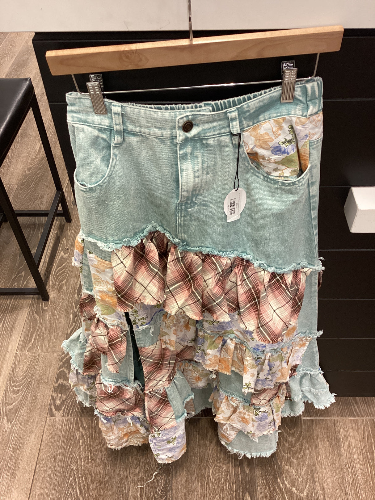 BP1021 WASHED MIX PRINT RUFFLE SKIRT