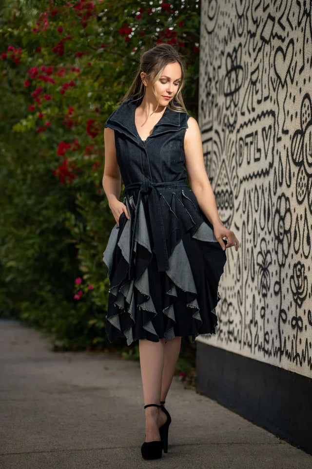S25024 DENIM RUFFLE DRESS