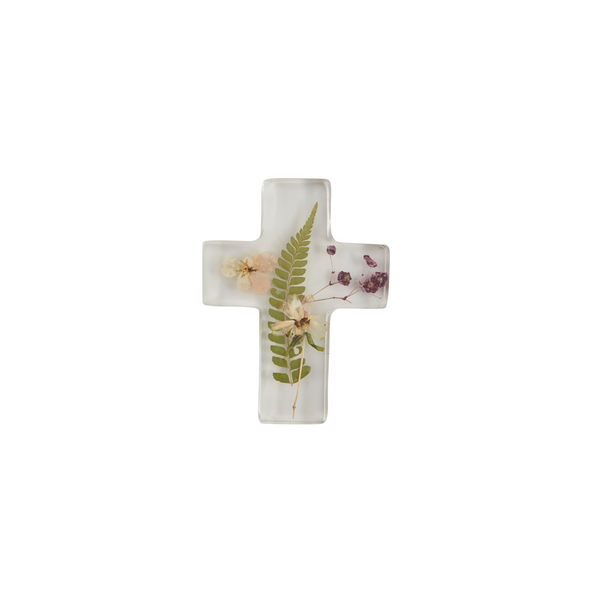 40030431F DRIED FLOWER RESIN CROSS W/FERN