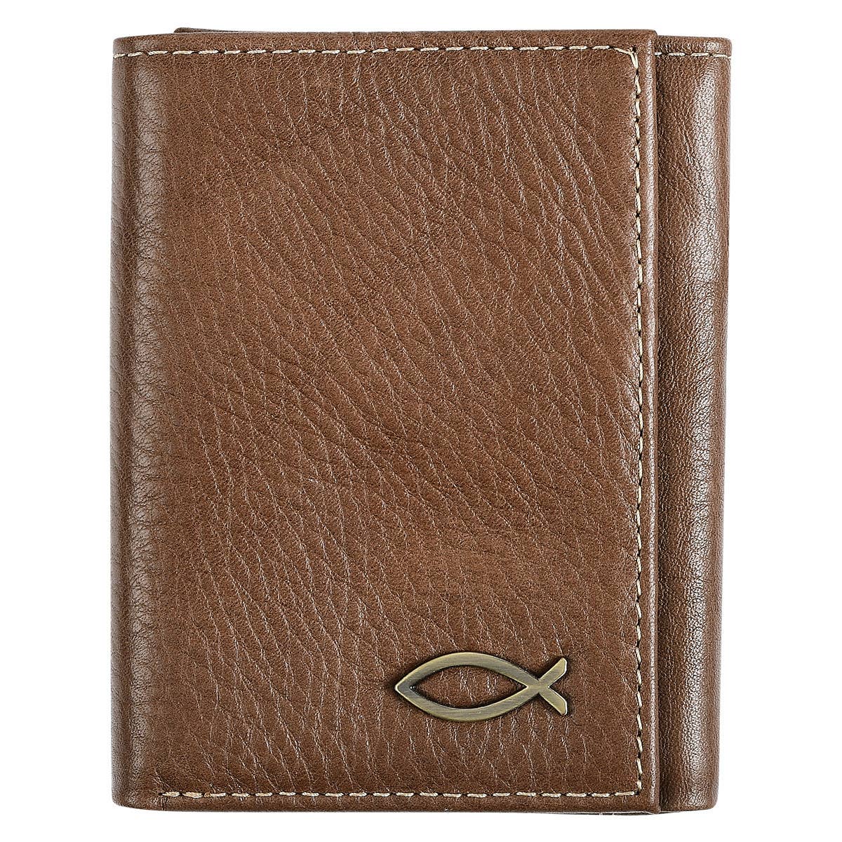 Brown Leather Trifold Wallet with Fish