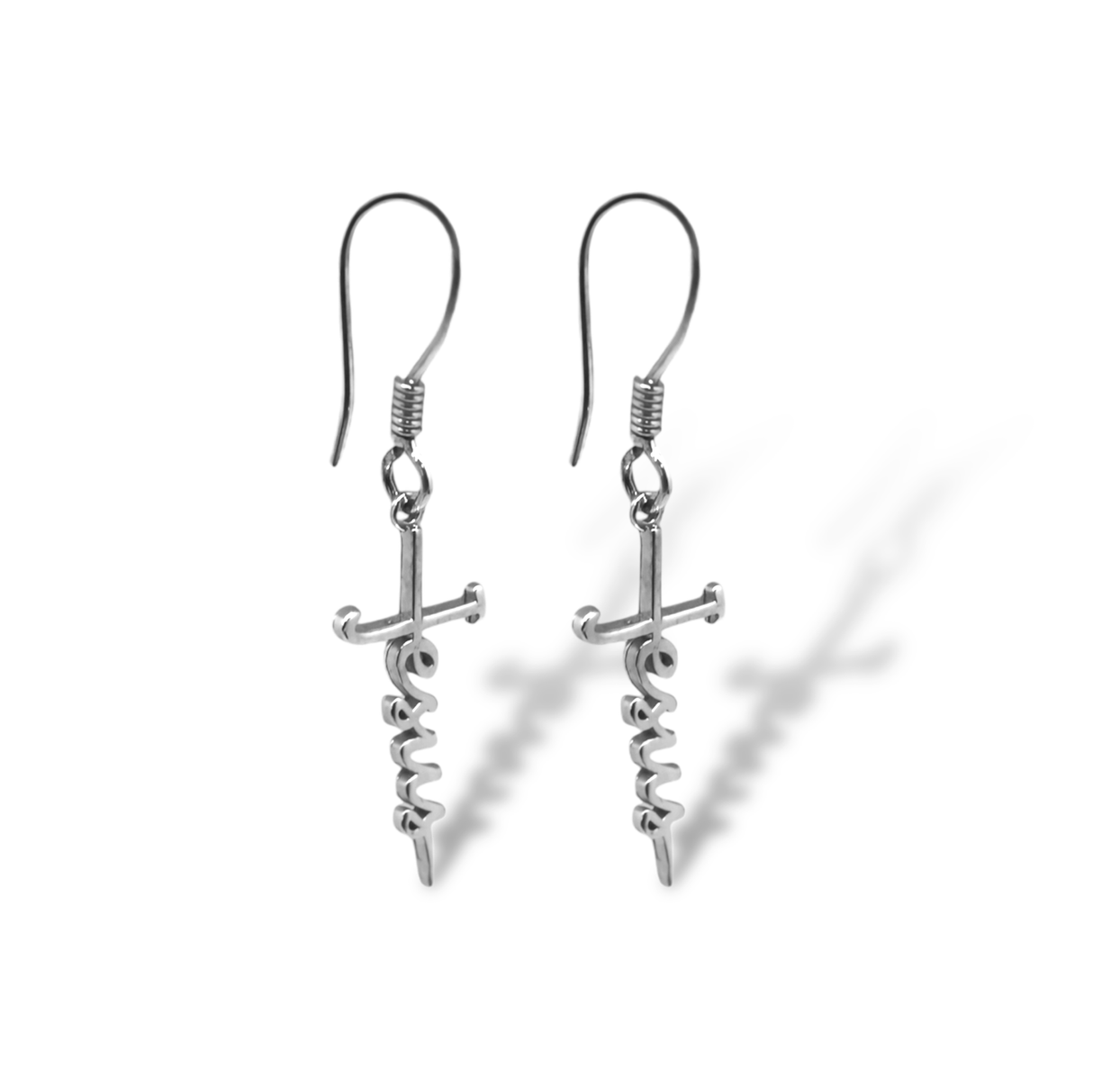 Sterling Silver "Jesus" Cursive Cross Earrings: Silver