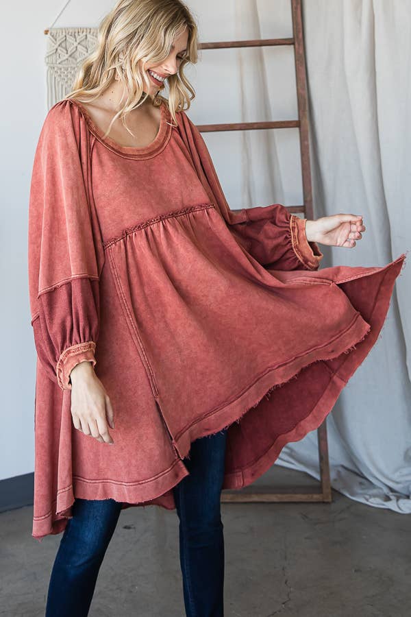 Mineral washed clay two tone detail cuffs babydoll dress