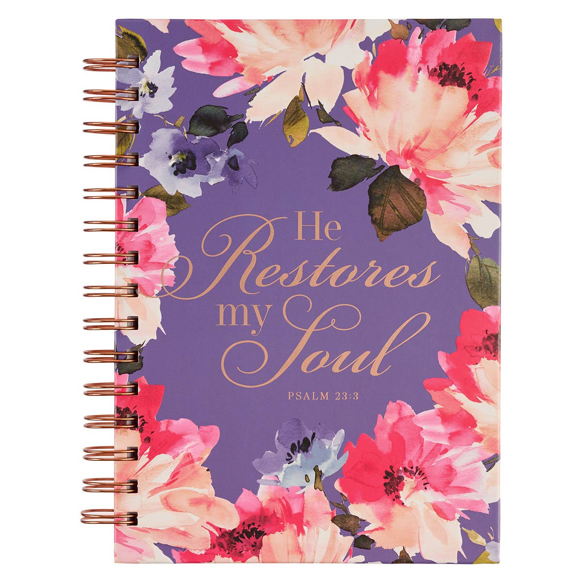 He Restores My Soul Purple Floral Large Wirebound Journal - Psalm 23:3