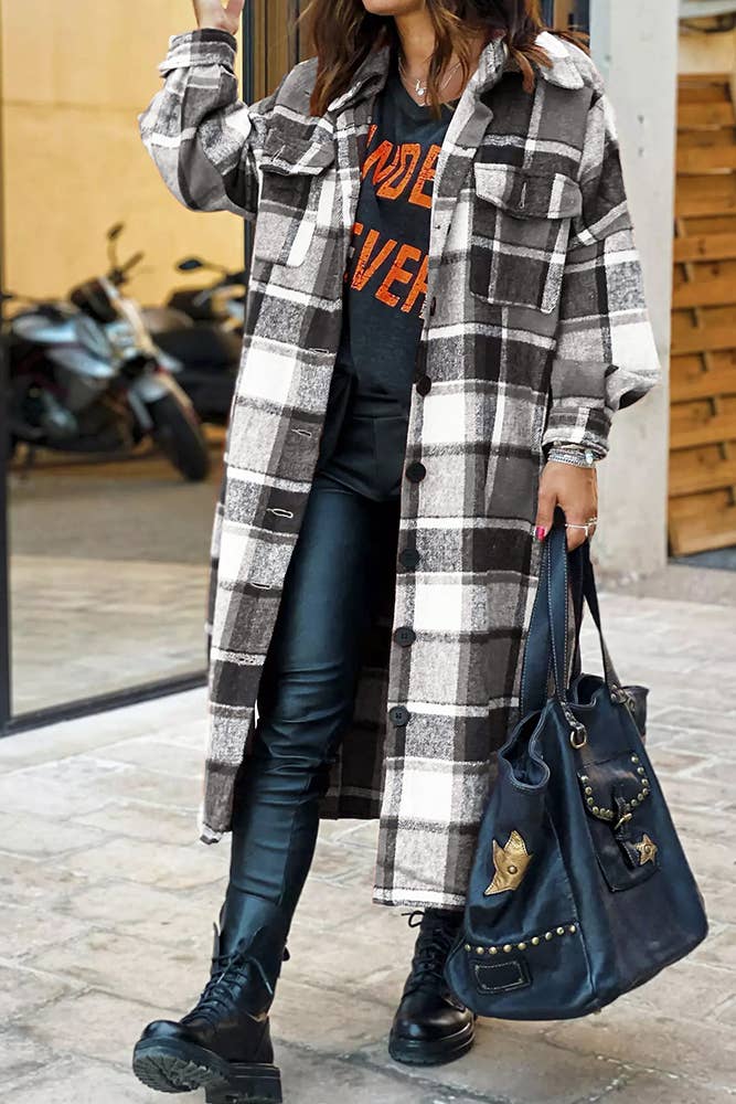 XC1360 Plaid Flannel Shacket Jacket Maxi Length Women