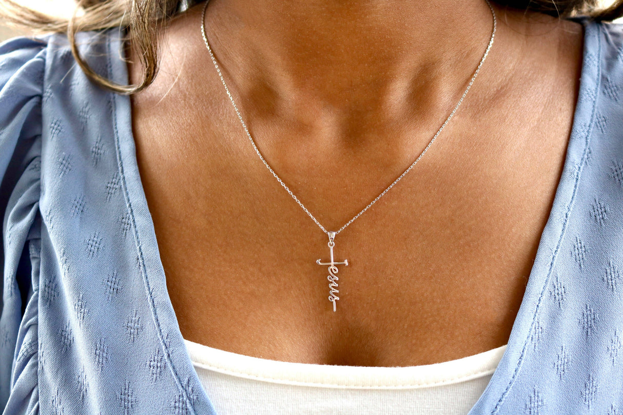 Sterling Silver "Jesus" Cursive Cross Necklace: Silver