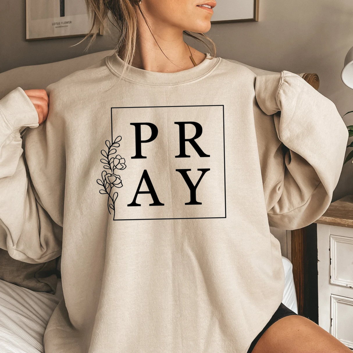 PRAY Super Soft Fleece Crewneck Sweatshirt: Sand