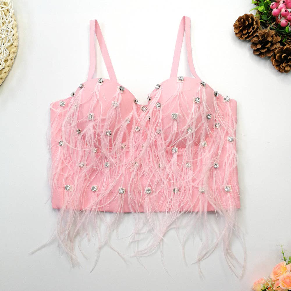 Feather Tassel Beaded Top with Rhinestones and Fur Liner for Winter