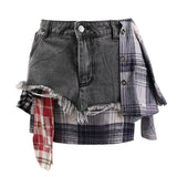 SK024 Summer Chic: High-Waist Plaid-Denim Skirt