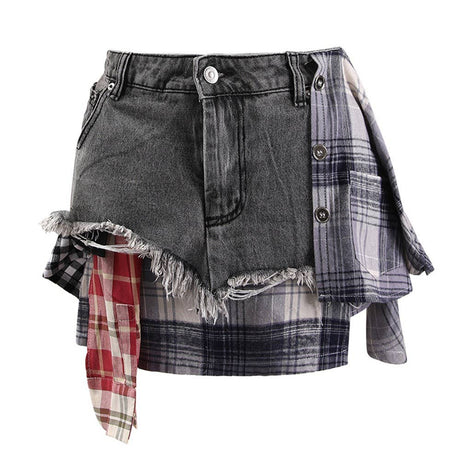 SK024 Summer Chic: High-Waist Plaid-Denim Skirt