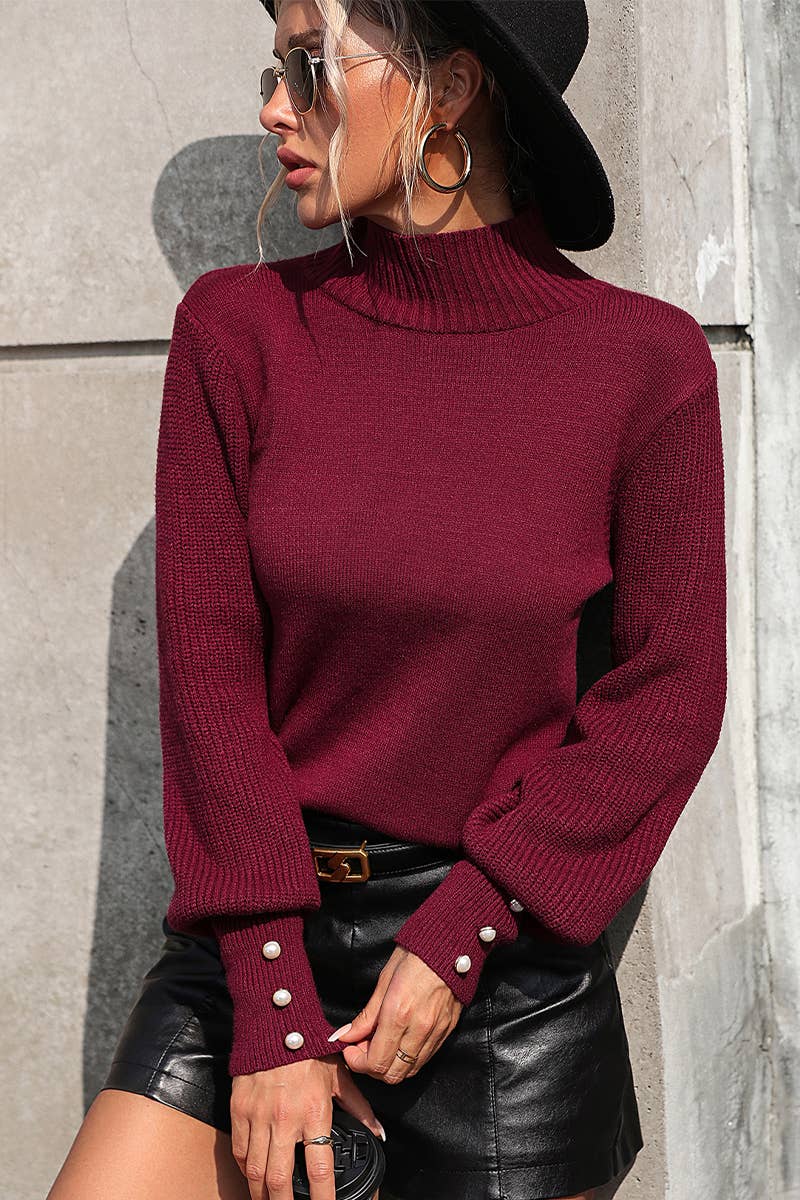 WOMEN TURTLE NECK FITTED RIB SLEEVE KNIT SWEATER_CWOSWL0283