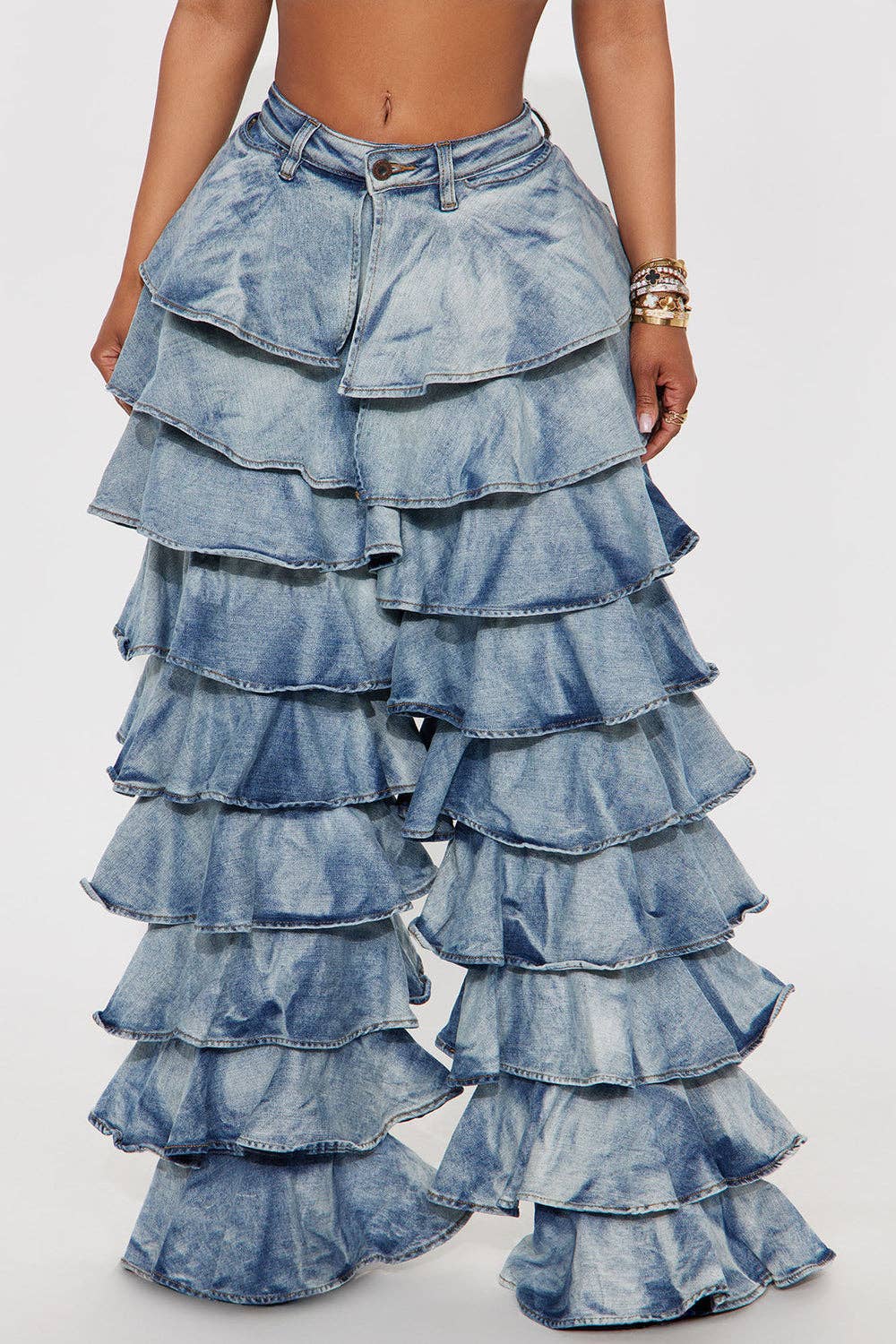 RUFFLE TIERED DENIM PANTS