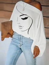 Simple Loose Face Printed Puff Sleeves White T-Shirt