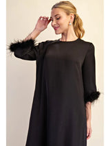 D8619 Feather Trim Evening Midi Dress