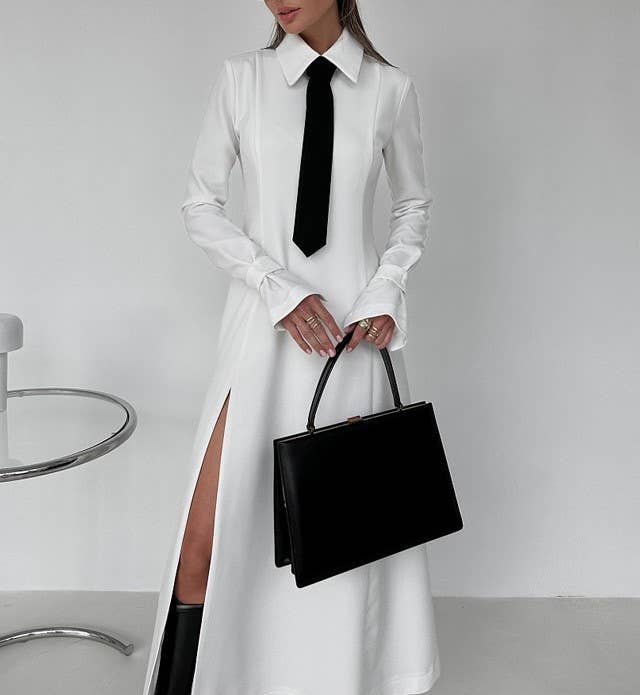 New style preppy necktie dress with lapel slit