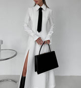 New style preppy necktie dress with lapel slit