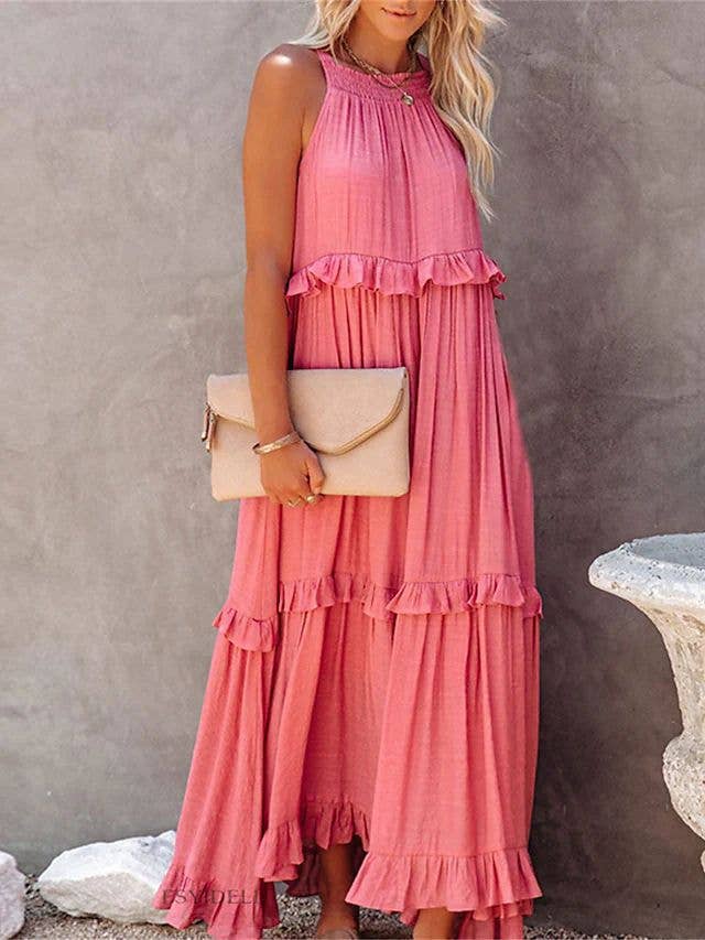 Resort-Style Ruffles Swing Floaty Lining Beach Dress