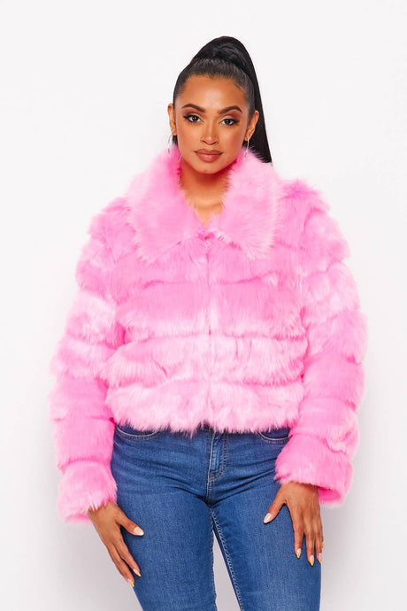 My Best Soft Faux Fur Collared Tiered Jacket Coat (HDJ30741)