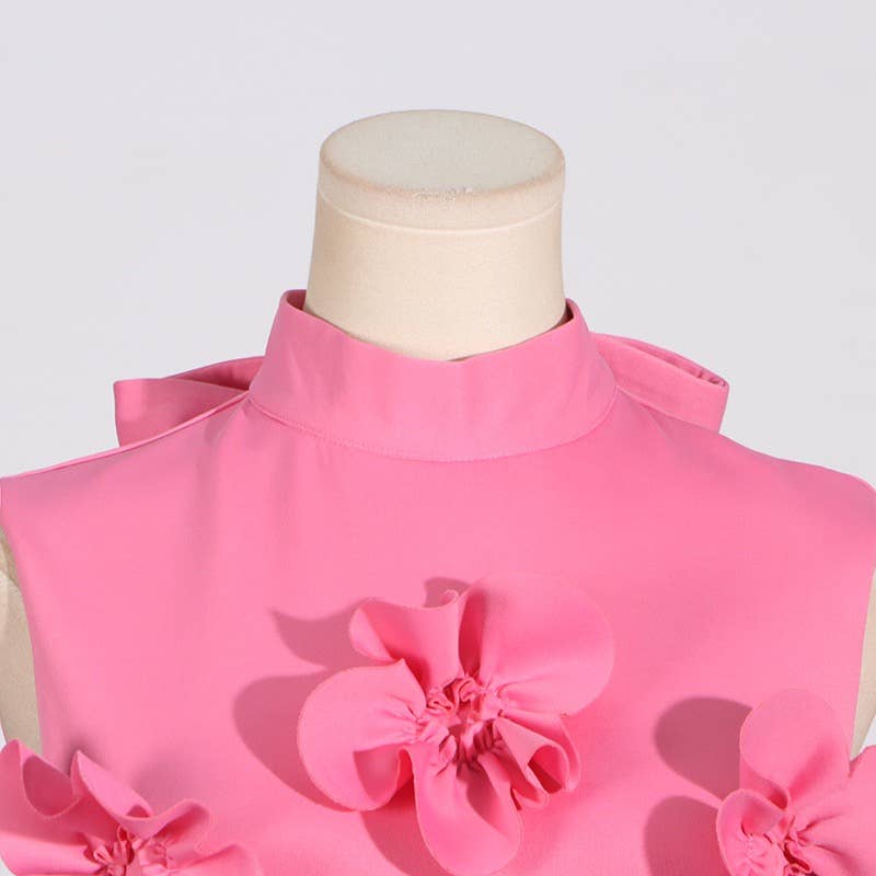 DR0206Y Chic Collar Sleeveless Dress with 3D Flowers