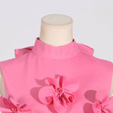 DR0206Y Chic Collar Sleeveless Dress with 3D Flowers
