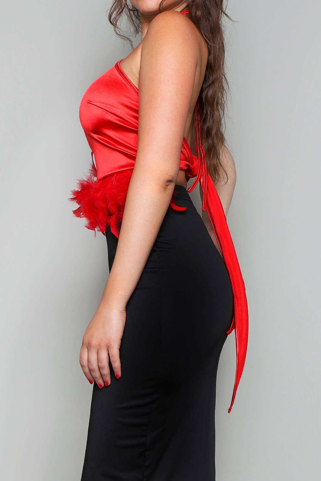 Halter neck fuzzy trim satin crop top