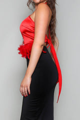 Halter neck fuzzy trim satin crop top