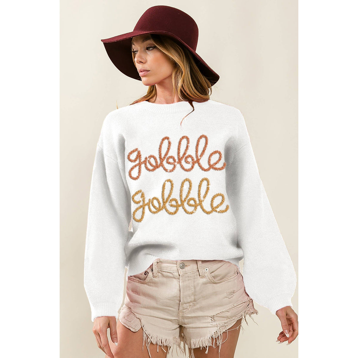 THANKSGIVING GOBBLE GOBBLE TINSEL METALLIC LETTERING SWEATER