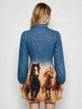 60040D Western Horse Print Denim Dress