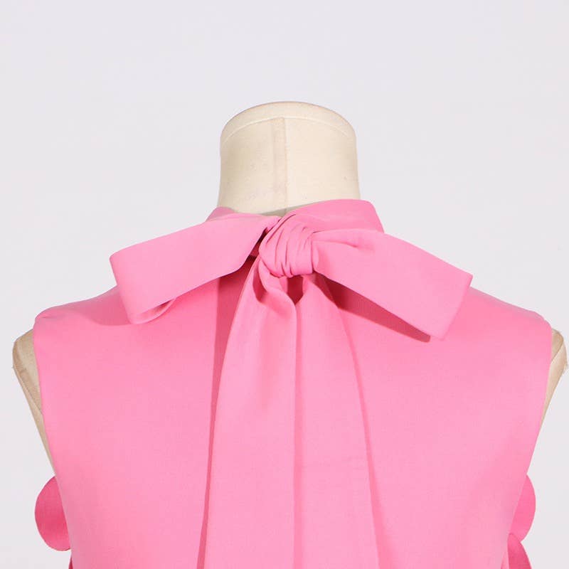 DR0206Y Chic Collar Sleeveless Dress with 3D Flowers