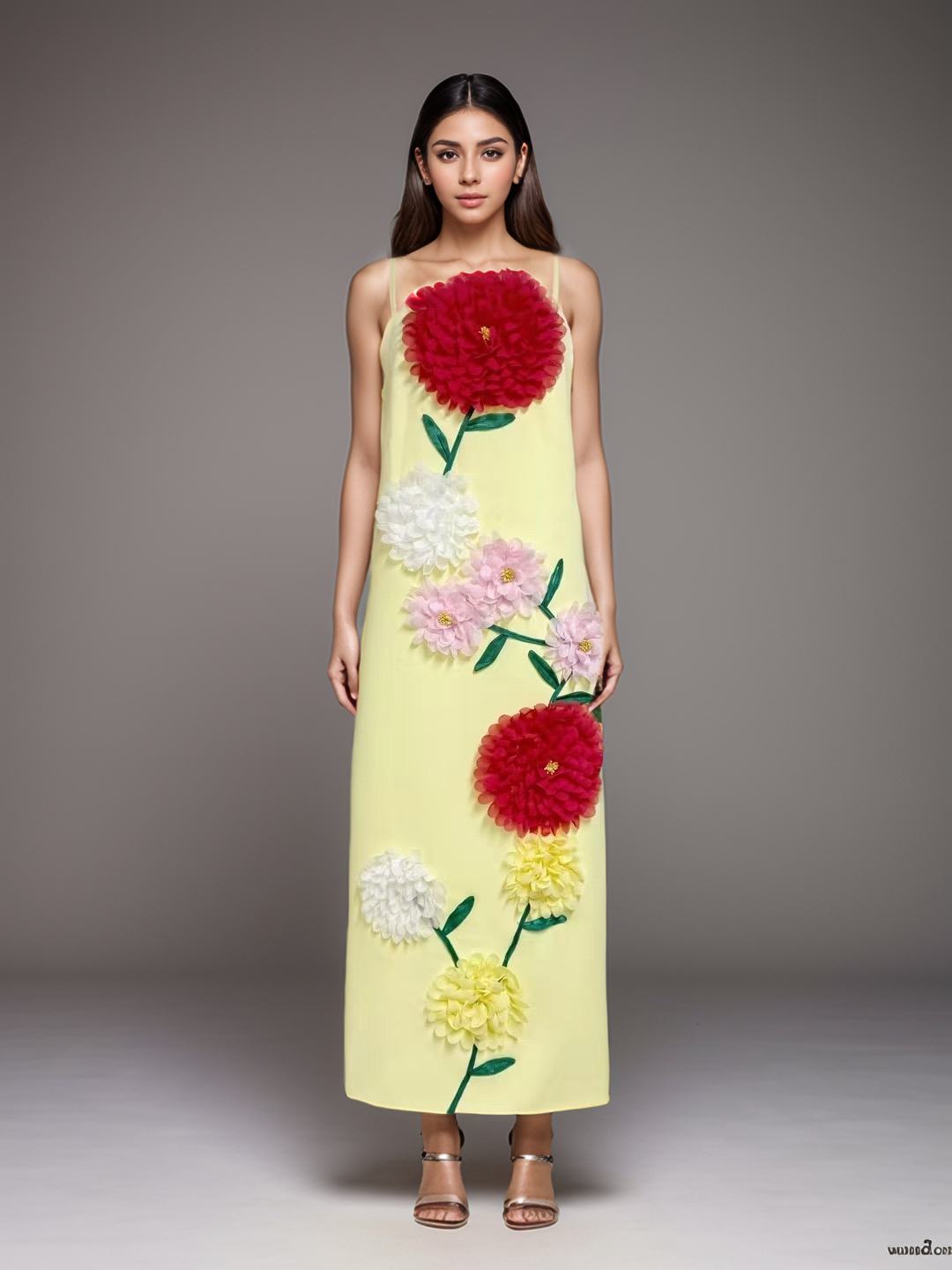 DR516Y Colorful 3D Floral Swing Suspender Long Summer Dress