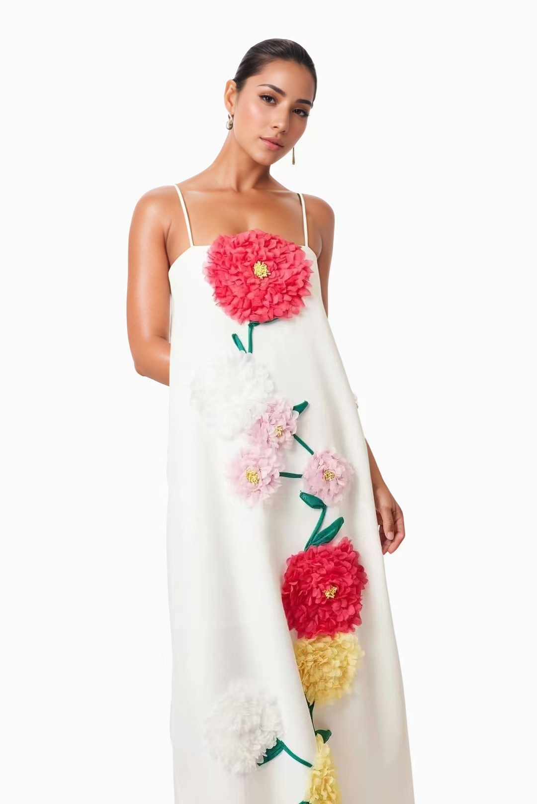 DR516Y Colorful 3D Floral Swing Suspender Long Summer Dress