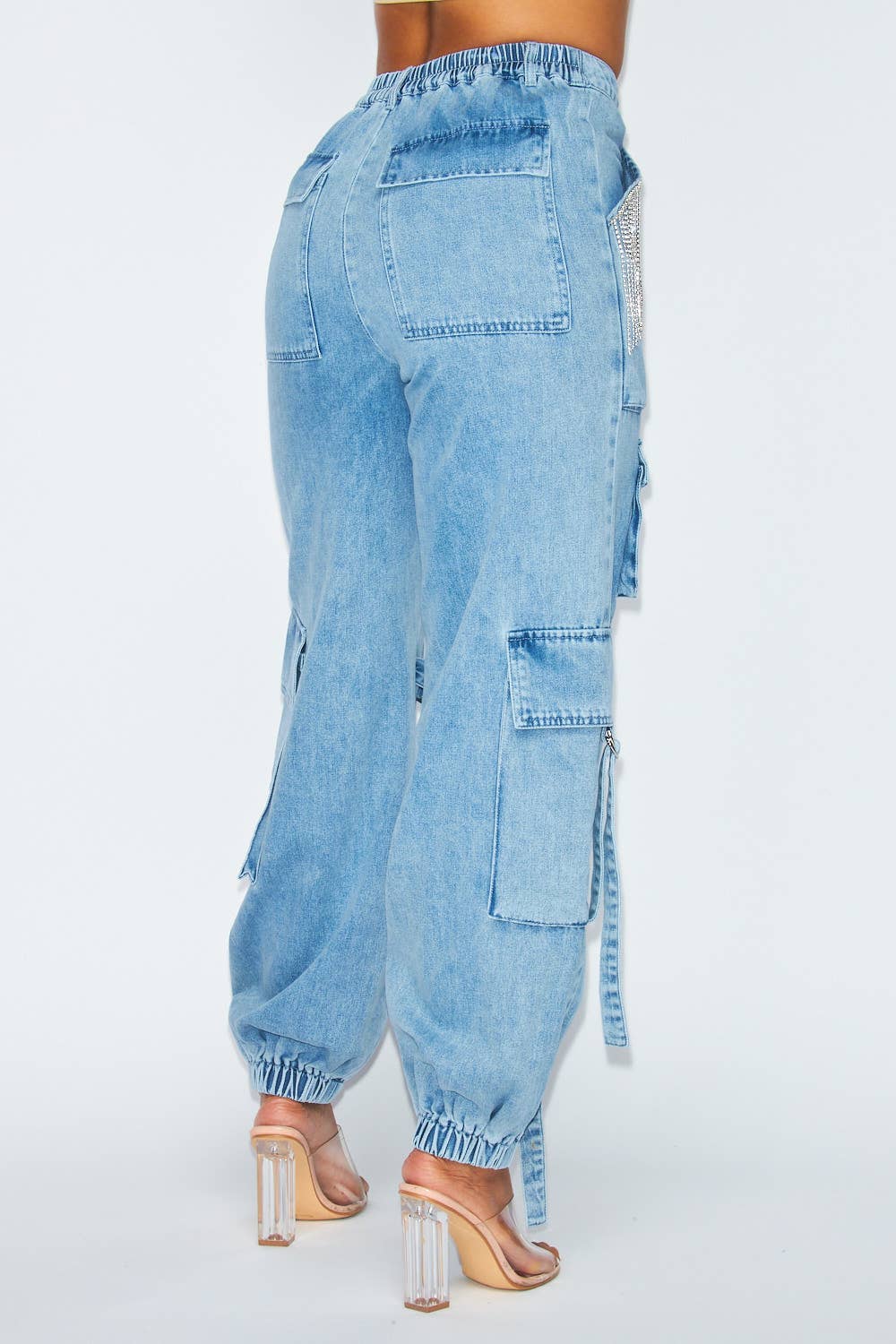 Blessed Rhinestone Fringe Cargo Denim Jogger Pant HDP30466ME